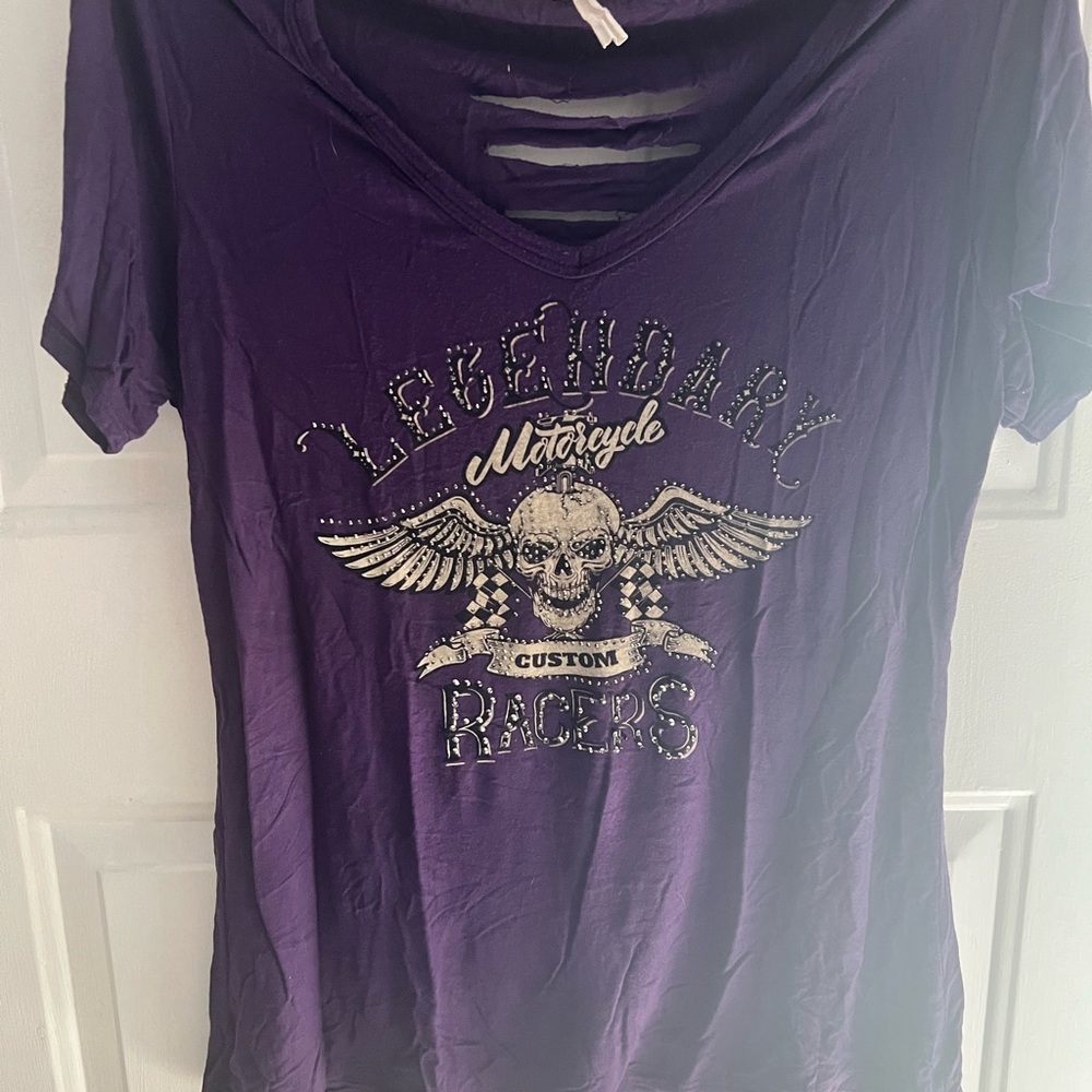Legendary Motorcycle Purple Graphic Tee with cute in back